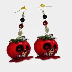 Scary Skull Apple Earrings W/Green, Goldstone & Glass Beads NWOT
